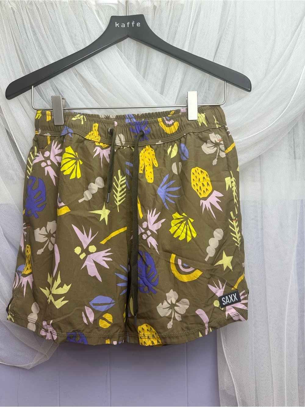 Saxx Olive Tropical Swim Shorts with Yellow and Pink Accents